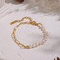 French Vintage Natural Pearl Potato Beaded Bracelets with 304 Stainless Steel Paperclip Chains for Women, White