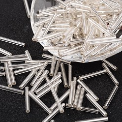 Glass Bugle Beads, Silver Color, 21~25x3mm, Hole: 0.5mm, about 1900pcs/one pound