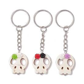 Skull Synthetic Turquoise & Flower Resin Keychain, for Halloween