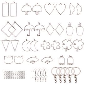 DIY Making, with Rack Plating Alloy Open Back Bezel Pendants, Brass Earring Hooks and Iron Jump Rings/Keychain Ring