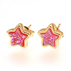 Resin Imitation Druzy Crystal Stud Earrings, with Brass Findings, Star