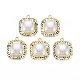 Alloy Pendants, with Crystal Rhinestone and ABS Plastic Imitation Pearl, Cadmium Free & Lead Free, Square Charms