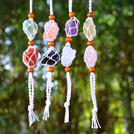 Natural Raw Gemstone Macrame Pouch Pendant Decorations, with Wood Beads