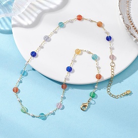 Красочные плоские круглые ожерелья из латуни с кошачьим глазом и пластиковым искусственным жемчугом ручной работы для женщин