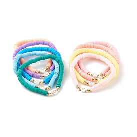 9Pcs 9 Colors Polymer Clay Heishi Beaded Stretch Bracelets Sets, with Brass & Acrylic Beads, Heart, Real 18K Gold Plated