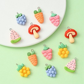 12pcs 6 styles pendentifs fruits et légumes en résine opaque, avec boucles en fer couleur platine, nourriture imitation, formes mixtes