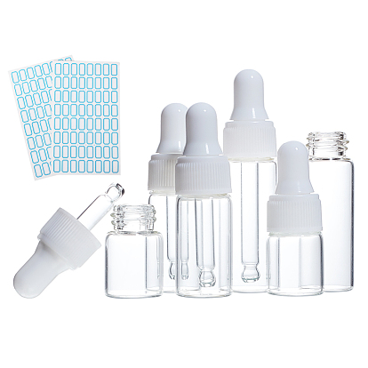 Glass Essential Oil Bottles Sets, with Long Thin Dropper and Plastic Caps and Waterproof Sticker Labels