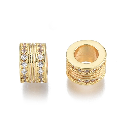 Brass Pave Cubic Zirconia European Beads, Large Hole Beads, Nickel Free, Real 18K Gold Plated, Column