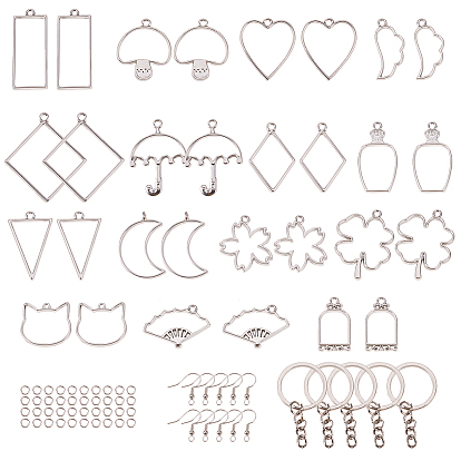 DIY Making, with Rack Plating Alloy Open Back Bezel Pendants, Brass Earring Hooks and Iron Jump Rings/Keychain Ring