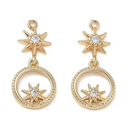 Brass Micro Pave Clear Cubic Zirconia Pendants, Round and Starburst Charms, Nickel Free
