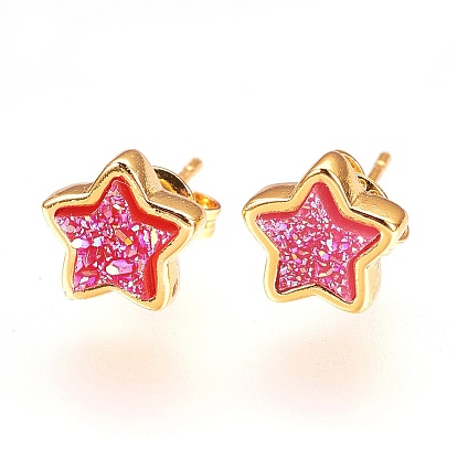 Resin Imitation Druzy Crystal Stud Earrings, with Brass Findings, Star