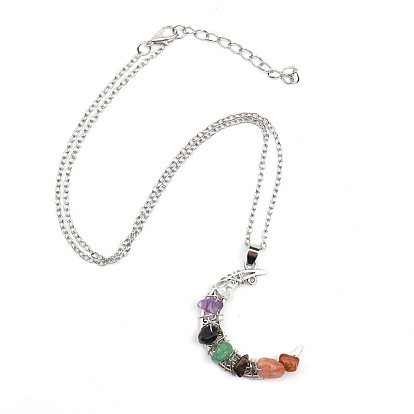 Natural Mixed Gemstone Chips Crescent Moon Pendant Necklace, with Alloy Chains