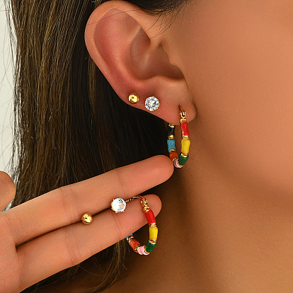 3 пары 201 комплекты серег из нержавеющей стали с эмалью, круглые, со стразами