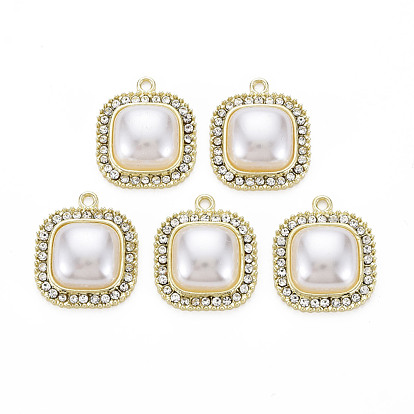 Alloy Pendants, with Crystal Rhinestone and ABS Plastic Imitation Pearl, Cadmium Free & Lead Free, Square Charms