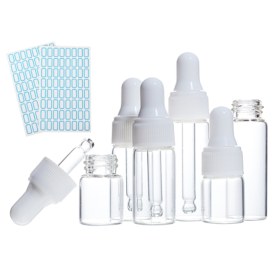 Glass Essential Oil Bottles Sets, with Long Thin Dropper and Plastic Caps and Waterproof Sticker Labels