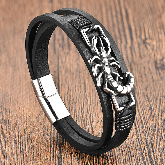 Bracelets multirangs en similicuir noir et acier inoxydable à motif mille-pattes avec fermoirs magnétiques pour hommes