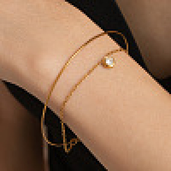 304 Stainless Steel Pave Clear Cubic Zirconia Flat Round Charm 2-Strand Bracelets for Women