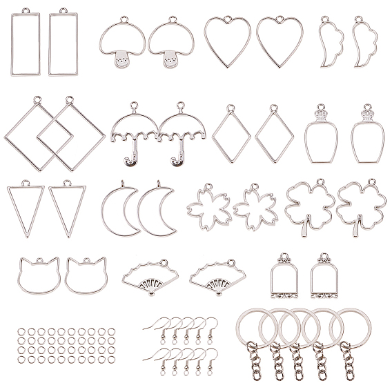 DIY Making, with Rack Plating Alloy Open Back Bezel Pendants, Brass Earring Hooks and Iron Jump Rings/Keychain Ring