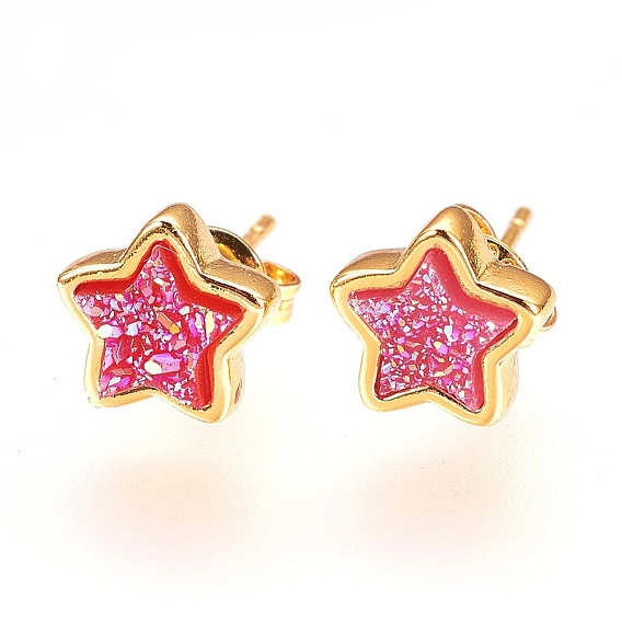 Resin Imitation Druzy Crystal Stud Earrings, with Brass Findings, Star