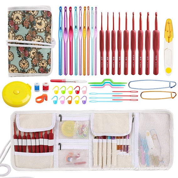 Наборы инструментов для вязания своими руками, включая сумку для хранения, вязальные спицы, крючок для вязания, маркеры и держатели фиксирующих стежков, сантиметровая лента, ножницы и иглы, счетчики строк
