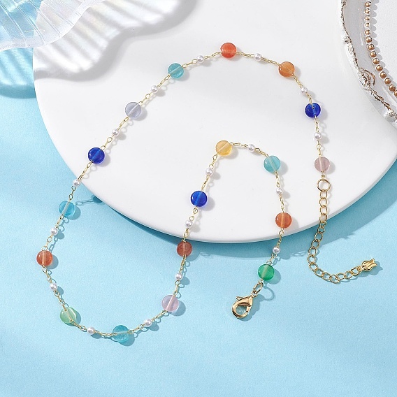 Красочные плоские круглые ожерелья из латуни с кошачьим глазом и пластиковым искусственным жемчугом ручной работы для женщин