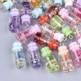 Glass Bottle Pendant Decorations, with Resin Rhinestone & Stopper, Dried Flower and Iron Findings, Platinum