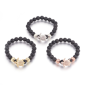 Stretch Bracelets, with Long-Lasting Plated Electroplated Natural Lava Rock, Natural Lava Rock and Brass Cubic Zirconia Beads, Tortoise