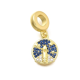 Латунные микропаве прозрачные и синие кубические цирконии плоские круглые с ракетой европейские подвески-шармы, Подвески с большими отверстиями, долговечный, без кадмия и без свинца, стойки покрытие