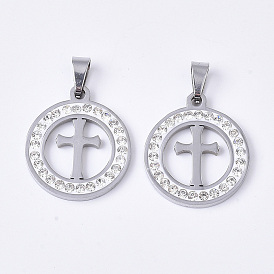 201 подвески из нержавеющей стали, со случайным размером оснастки на поручителях и стразами из полимерной глины и хрусталя, плоские круглые с крестом