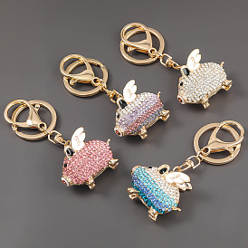 Cute Pig Keychain with Alloy Diamond Wings for Car and Bag Accessories