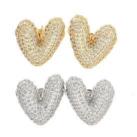 Heart Brass Pave Clear Cubic Zirconia Stud Earrings