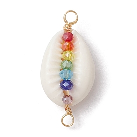 5Pcs Natural Shell Copper Wire Wrapped Connector Charms, with Colorful Glass Beads