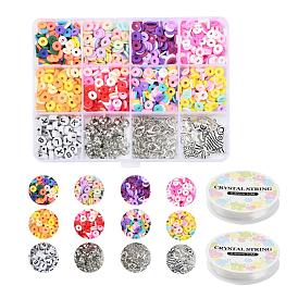 Kits de fabrication de bijoux diy, y compris disques/perles rondes plates en pâte polymère, agrafes en alliage de zinc, anneaux de fer et pointes de perles, perles acryliques rondes plates, fil de cristal élastique et breloques en alliage de style tibétain
