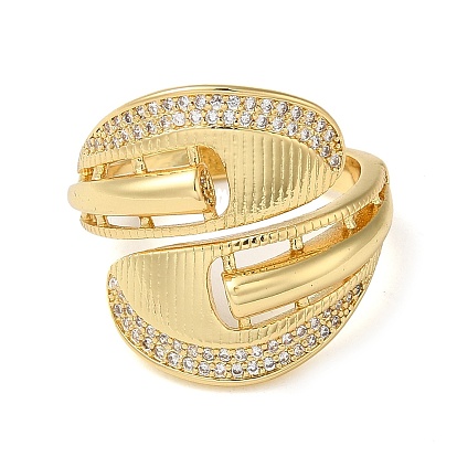 Brass Micro Pave Cubic Zirconia Open Cuff Ring, Hollow Leaf