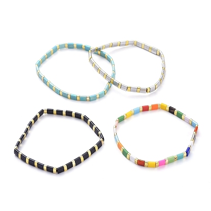 Rectangle Glass Seed Beads Stretch Bracelets, Mixed Style