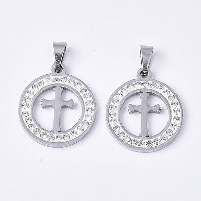 201 подвески из нержавеющей стали, со случайным размером оснастки на поручителях и стразами из полимерной глины и хрусталя, плоские круглые с крестом