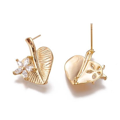 Brass Micro Pave Cubic Zirconia Ear Stud Components, with Loop, Heart Leaf, Long-Lasting Plated, Nickel Free, Real 18K Gold Plated