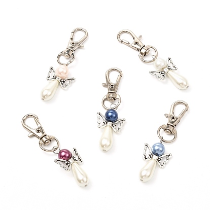 Keychains, with Baking Painted Pearlized Glass Pearl Round Beads, Tibetan Style Alloy Beads and Alloy Swivel Lobster Claw Clasps, Angel