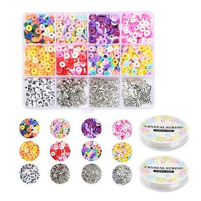 Kits de fabrication de bijoux diy, y compris disques/perles rondes plates en pâte polymère, agrafes en alliage de zinc, anneaux de fer et pointes de perles, perles acryliques rondes plates, fil de cristal élastique et breloques en alliage de style tibétain