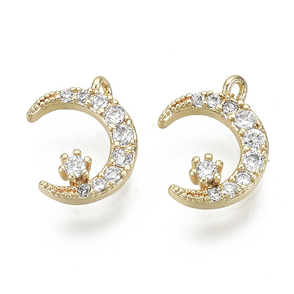 Brass Micro Pave Clear Cubic Zirconia Charms, Nickel Free, Moon & Star