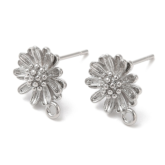 Brass Stud Earring Findings, with Horizontal Loop, Flower