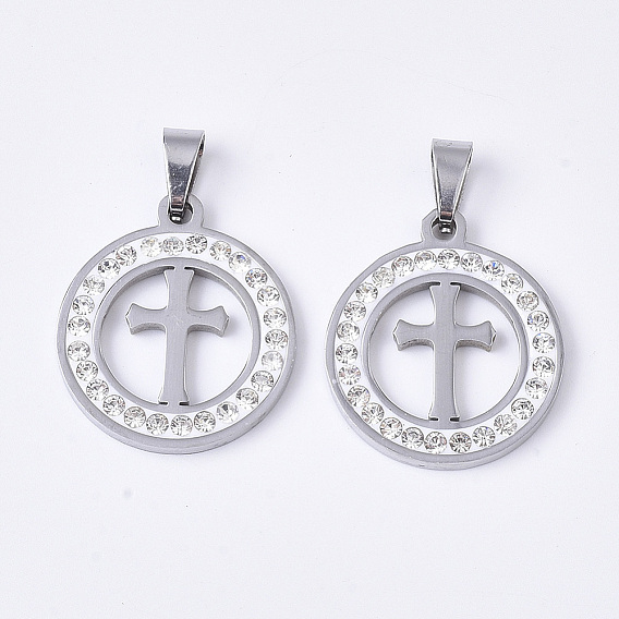 201 подвески из нержавеющей стали, со случайным размером оснастки на поручителях и стразами из полимерной глины и хрусталя, плоские круглые с крестом