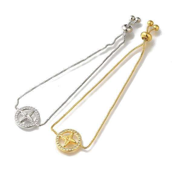 Покрытие стойки, латунное микро-паве, прозрачный кубический цирконий, кольцо-цепочка со звездообразным звеном, браслеты-слайдеры, без свинца и без кадмия, долговечный