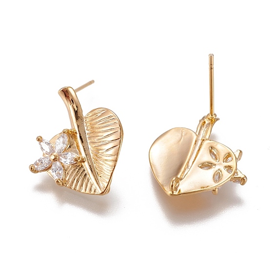 Brass Micro Pave Cubic Zirconia Ear Stud Components, with Loop, Heart Leaf, Long-Lasting Plated, Nickel Free, Real 18K Gold Plated