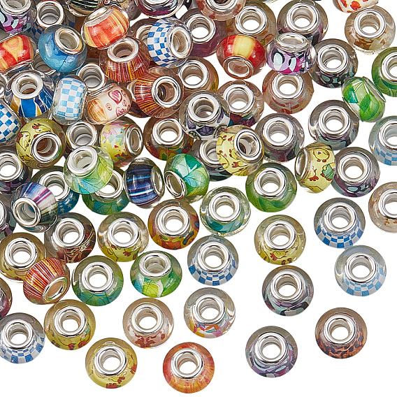 120Европейские бусины из смолы, с латунными сердечниками с серебряным покрытием, бусины с большим отверстием, рондель