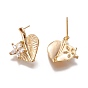 Brass Micro Pave Cubic Zirconia Ear Stud Components, with Loop, Heart Leaf, Long-Lasting Plated, Nickel Free, Real 18K Gold Plated