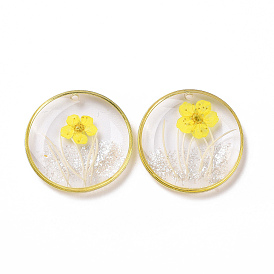 Pendentifs en résine époxy transparente transparente, avec passants en laiton plaqué or, breloques rondes plates avec fleur intérieure
