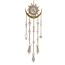 Metal Sun/Moon Pendant Decorations, Hanging Suncatchers, with Glass Cone/Teardrop Charms, for Outdoor Garden Decorations