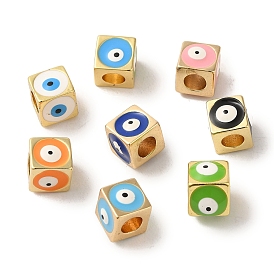 Brass Enamel European Beads, Large Hole Beads, Real 18K Gold Plated, Cube with Evil Eye