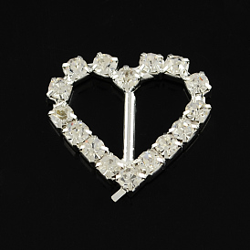 Shining Heart Wedding Invitation Ribbon Buckles, Silver Color Plated Brass Grade A Crystal Rhinestone Garment Dress Slide Buckles, 21x20x3mm, Hole: 12x7mm
